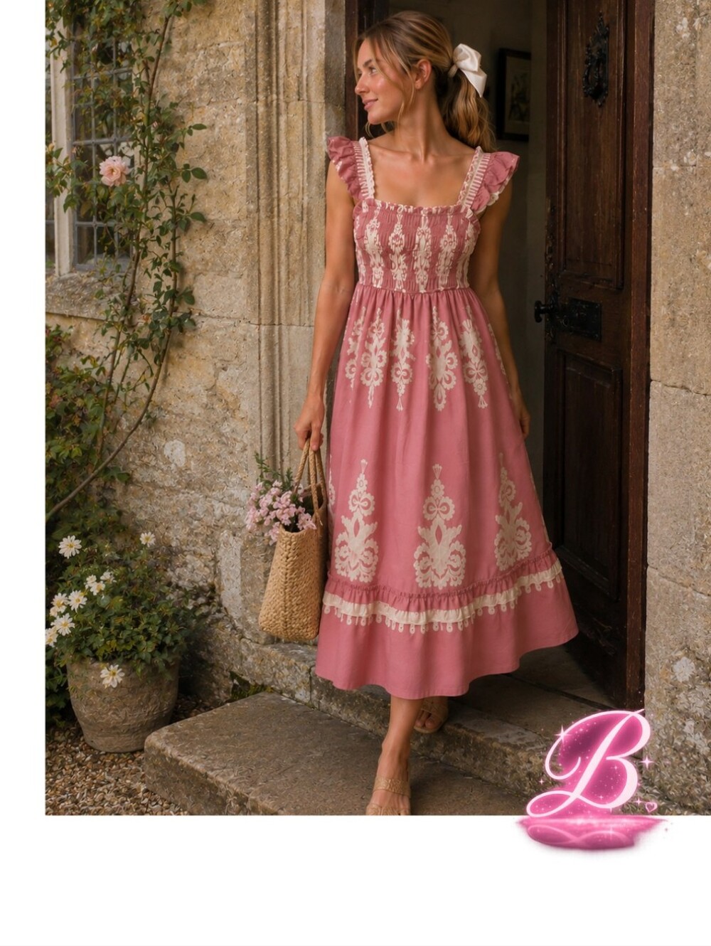 Umgee Pink Smocked Midi Dress Ruffle Strap - Medium - NWT